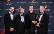 1 November 2024; Rian O’Neill of Armagh is presented with his PwC All-Star award by, from left, Gaelic Players Association chief executive Tom Parsons, PwC partner Michael McDaid and Uachtarán Chumann Lúthchleas Gael Jarlath Burns during the 2024 PwC GAA/GPA All-Star Awards at the RDS in Dublin. Photo by Brendan Moran/Sportsfile