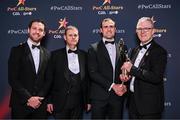 1 November 2024; John Maher of Galway is presented with his PwC All-Star award by, from left, Gaelic Players Association chief executive Tom Parsons, PwC partner Michael McDaid and Uachtarán Chumann Lúthchleas Gael Jarlath Burns during the 2024 PwC GAA/GPA All-Star Awards at the RDS in Dublin. Photo by Brendan Moran/Sportsfile