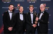 1 November 2024; Rob Finnerty of Galway is presented with his PwC All-Star award by, from left, Gaelic Players Association chief executive Tom Parsons, PwC partner Michael McDaid and Uachtarán Chumann Lúthchleas Gael Jarlath Burns during the 2024 PwC GAA/GPA All-Star Awards at the RDS in Dublin. Photo by Brendan Moran/Sportsfile