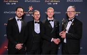 1 November 2024; Oisín Gallen of Donegal is presented with his PwC All-Star award by, from left, Gaelic Players Association chief executive Tom Parsons, PwC partner Michael McDaid and Uachtarán Chumann Lúthchleas Gael Jarlath Burns during the 2024 PwC GAA/GPA All-Star Awards at the RDS in Dublin. Photo by Brendan Moran/Sportsfile