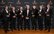 1 November 2024; Uachtarán Chumann Lúthchleas Gael Jarlath Burns, centre, and Armagh footballers, from left, Barry McCambridge, Oisin Conaty, Aidan Forker, Rian O’Neill, Conor Turbitt and Ben Crealey with their PwC GAA/GPA All-Star Awards during the 2024 PwC GAA/GPA All-Star Awards at the RDS in Dublin. Photo by Sam Barnes/Sportsfile