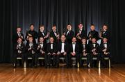1 November 2024; Uachtarán Chumann Lúthchleas Gael Jarlath Burns, centre front, with back row, from left, Oisin Conaty of Armagh, Paul Conroy of Galway, Dylan McHugh of Galway, Rob Finnerty of Galway, John Maher of Galway, Ben Crealey of Armagh, Rian O’Neill of Armagh and Oisín Gallen of Donegal, with front row, from left, Peadar Mogan of Donegal, Conor Turbitt of Armagh, Aidan Forker of Armagh, PwC partner Michael McDaid, Gaelic Players Association chief executive Tom Parsons, Johnny McGrath of Galway, Craig Lennon of Louth, and Barry McCambridge of Armagh with their PwC GAA/GPA All-Star Awards during the 2024 PwC GAA/GPA All-Star Awards at the RDS in Dublin. Photo by Sam Barnes/Sportsfile