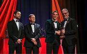1 November 2024; Limerick hurler Nickie Quaid is presented with his PwC GAA/GPA All-Star Award by Uachtarán Chumann Lúthchleas Gael Jarlath Burns, right, alongside Gaelic Players Association chief executive Tom Parsons, left, and PwC partner Michael McDaid, second from left, during the 2024 PwC GAA/GPA All-Star Awards at the RDS in Dublin. Photo by Brendan Moran/Sportsfile