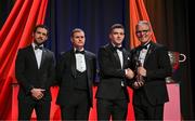 1 November 2024; Clare hurler Tony Kelly is presented with his PwC GAA/GPA All-Star Award by Uachtarán Chumann Lúthchleas Gael Jarlath Burns, right, alongside Gaelic Players Association chief executive Tom Parsons, left, and PwC partner Michael McDaid, second from left, during the 2024 PwC GAA/GPA All-Star Awards at the RDS in Dublin. Photo by Brendan Moran/Sportsfile
