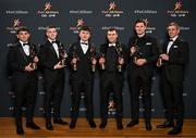 1 November 2024; Clare hurlers, from left, Mark Rodgers, Tony Kelly, Adam Hogan, Shane O’Donnell, David Fitzgerald and David McInerney with their PwC GAA/GPA All-Star Awards during the 2024 PwC GAA/GPA All-Star Awards at the RDS in Dublin. Photo by Sam Barnes/Sportsfile