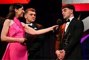 1 November 2024; Mark Rodgers of Clare is interviewed by MC Joanne Cantwell of RTÉ during the 2024 PwC GAA/GPA All-Star Awards at the RDS in Dublin. Photo by Brendan Moran/Sportsfile