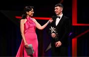 1 November 2024; PwC GAA/GPA Young Footballer of the Year Oisin Conaty of Armagh is interviewed by MC Joanne Cantwell of RTÉ during the 2024 PwC GAA/GPA All-Star Awards at the RDS in Dublin. Photo by Brendan Moran/Sportsfile