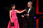 1 November 2024; Uachtarán Chumann Lúthchleas Gael Jarlath Burns is interviewed by MC Joanne Cantwell of RTÉ during the 2024 PwC GAA/GPA All-Star Awards at the RDS in Dublin. Photo by Brendan Moran/Sportsfile