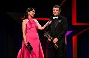 1 November 2024; PwC GAA/GPA Hurler of the Year Shane O’Donnell of Clare is interviewed by MC Joanne Cantwell of RTÉ during the 2024 PwC GAA/GPA All-Star Awards at the RDS in Dublin. Photo by Brendan Moran/Sportsfile