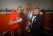 1 November 2024; Shelbourne's Darren and Ben Cleary, Evan Caffrey, left, and goalkeeper Conor Kearns celebrate with the SSE Airtricity Men's Premier Division trophy after the SSE Airtricity Men's Premier Division match between Derry City and Shelbourne at The Ryan McBride Brandywell Stadium in Derry. Photo by Stephen McCarthy/Sportsfile