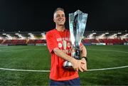 1 November 2024; Shelbourne goalkeeping coach Paul Skinner celebrates with the SSE Airtricity Men's Premier Division trophy after the SSE Airtricity Men's Premier Division match between Derry City and Shelbourne at The Ryan McBride Brandywell Stadium in Derry. Photo by Stephen McCarthy/Sportsfile