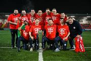 1 November 2024; Shelbourne staff, back row, from left, kitman Karl Watson, team doctor Anthony Hoban, coach David McAllister, assistant manager Joey O'Brien, technical director Luke Byrne, goalkeeping coach Paul Skinner, kitman Graham Watson and kitman Johnny Watson, with, front row, strength and conditioning coach Mauro Martins, physiotherapist Rory Byrne, manager Damien Duff and video analyst Sam Mulhearn celebrate with the SSE Airtricity Men's Premier Division trophy after the SSE Airtricity Men's Premier Division match between Derry City and Shelbourne at The Ryan McBride Brandywell Stadium in Derry. Photo by Stephen McCarthy/Sportsfile
