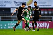2 November 2024; Conor Knight of Bray Wanderers in action against Brian Torre, left, and Dean Ebbe of Athlone Town during the SSE Airtricity Men's First Division play-off final match between Bray Wanderers and Athlone Town at Dalymount Park in Dublin. Photo by Tyler Miller/Sportsfile