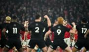 2 November 2024; Munster players Evan O’Connell, left and Tom Ahern face the haka before the match between Munster and All Blacks XV at Thomond Park in Limerick. Photo by Brendan Moran/Sportsfile