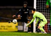 2 November 2024; Agbo Babatunde of Athlone Town misses a chance on goal late into extra-time as Bray Wanderers goalkeeper Jimmy Corcoran makes a save during the SSE Airtricity Men's First Division play-off final match between Bray Wanderers and Athlone Town at Dalymount Park in Dublin. Photo by Tyler Miller/Sportsfile
