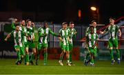 2 November 2024; The Bray Wanderes squad celebrate as Bray Wanderers goalkeeper Jimmy Corcoran saves a penalty during the SSE Airtricity Men's First Division play-off final match between Bray Wanderers and Athlone Town at Dalymount Park in Dublin. Photo by Tyler Miller/Sportsfile