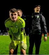 2 November 2024; Bray Wanderers goalkeeper Jimmy Corcoran reacts after his side's victory after the SSE Airtricity Men's First Division play-off final match between Bray Wanderers and Athlone Town at Dalymount Park in Dublin. Photo by Tyler Miller/Sportsfile