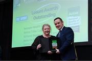 5 November 2024; John Windle, Chairperson of Ireland Action, presents the Award for Leisure Award to Aura De Paul during the 2024 National Quality Standard Awards ceremony at the Killashee Hotel in Naas, Kildare. Photo by Matt Browne/Sportsfile