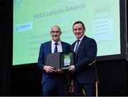 5 November 2024; John Windle, Chairperson of Ireland Action, presents the Award for Hotel Leisure Awards to Glenview Health and Leisure Club during the 2024 National Quality Standard Awards ceremony at the Killashee Hotel in Naas, Kildare. Photo by Matt Browne/Sportsfile