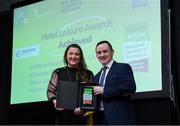 5 November 2024; John Windle, Chairperson of Ireland Action, presents the Award for Hotel Leisure Awards to Ardilaun Health and Leisure Club during the 2024 National Quality Standard Awards ceremony at the Killashee Hotel in Naas, Kildare. Photo by Matt Browne/Sportsfile