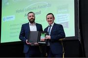 5 November 2024; John Windle, Chairperson of Ireland Action, presents the Award for Hotel Leisure Awards to Killashee Hotel during the 2024 National Quality Standard Awards ceremony at the Killashee Hotel in Naas, Kildare. Photo by Matt Browne/Sportsfile