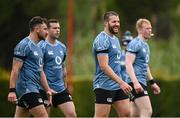 3 November 2024; Ireland players, from left, Hugo Keenan, Mack Hansen, Stuart McCloskey and Jamie Osborne during an Ireland Rugby squad training session at The Campus in Quinta da Lago, Portugal. Photo by Seb Daly/Sportsfile