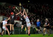 3 November 2024; Kevin Maher of Doon contests a dropping ball with Ronan Power and Tadhg Foley of Ballygunner during the AIB Munster GAA Senior Club Hurling Championship quarter-final match between Doon and Ballygunner at TUS Gaelic Grounds in Limerick. Photo by Brendan Moran/Sportsfile