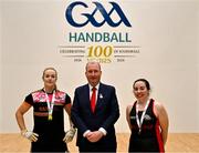 3 November 2024; Martina McMahon of Broadford, Limerick, left, and Aoife McCarthy of Mullingar, Westmeath, with GAA Handball president Conor McDonnell after their victory in the Ladies Open doubles final during day nine of the O'Neills.com World 4-Wall Championships at Croke Park in Dublin. Photo by Stephen Marken/Sportsfile