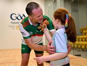 3 November 2024; Joe McCann of Team Ireland is congratulated after his victory in the Men's Open doubles final by his daugther Clodagh, age 7, with a teddy belonging to her late brother CJ during day nine of the O'Neills.com World 4-Wall Championships at Croke Park in Dublin. Photo by Stephen Marken/Sportsfile