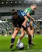 29 October 2024; Izabela Lojna of Croatia in action against Casey Howe of Northern Ireland during the UEFA Women's EURO 2025 Play-Off Round 1 Second Leg match between Northern Ireland and Croatia at the National Football Stadium in Windsor Park, Belfast. Photo by Ramsey Cardy/Sportsfile