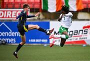 4 November 2024; Jaden Umeh of Republic of Ireland in action against Alfie Osbourne of Scotland during the UEFA U17 European Championships Round 1 qualifier match between Scotland and Republic of Ireland at Inver Park in Larne, Antrim. Photo by Ben McShane/Sportsfile