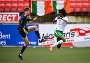 4 November 2024; Jaden Umeh of Republic of Ireland in action against Alfie Osbourne of Scotland during the UEFA U17 European Championships Round 1 qualifier match between Scotland and Republic of Ireland at Inver Park in Larne, Antrim. Photo by Ben McShane/Sportsfile
