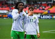 4 November 2024; Ramon Martos of Republic of Ireland celebrates with teammate Jaden Umeh, left, after scoring their side's first goalduring the UEFA U17 European Championships Round 1 qualifier match between Scotland and Republic of Ireland at Inver Park in Larne, Antrim. Photo by Ben McShane/Sportsfile