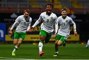 4 November 2024; Goodness Ogbonna of Republic of Ireland, centre, celebrates after scoring his side's third goal during the UEFA U17 European Championships Round 1 qualifier match between Scotland and Republic of Ireland at Inver Park in Larne, Antrim. Photo by Ben McShane/Sportsfile