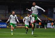 4 November 2024; Goodness Ogbonna of Republic of Ireland, centre, celebrates after scoring his side's third goal during the UEFA U17 European Championships Round 1 qualifier match between Scotland and Republic of Ireland at Inver Park in Larne, Antrim. Photo by Ben McShane/Sportsfile