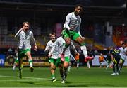 4 November 2024; Goodness Ogbonna of Republic of Ireland, centre, celebrates after scoring his side's third goal during the UEFA U17 European Championships Round 1 qualifier match between Scotland and Republic of Ireland at Inver Park in Larne, Antrim. Photo by Ben McShane/Sportsfile