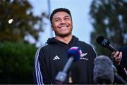 4 November 2024; Caleb Clarke during a New Zealand rugby squad media conference at the Belfield Bowl in UCD, Dublin. Photo by David Fitzgerald/Sportsfile