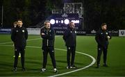 4 November 2024; Republic of Ireland staff, including head coach Colin O'Brien, second from left, wait the word from UEFA if they have qualified for the next round after the UEFA U17 European Championships Round 1 qualifier match between Scotland and Republic of Ireland at Inver Park in Larne, Antrim. Photo by Ben McShane/Sportsfile
