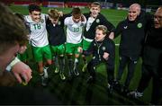 4 November 2024; Republic of Ireland head coach Colin O'Brien celebrates with his side after they qualified for the next round after the UEFA U17 European Championships Round 1 qualifier match between Scotland and Republic of Ireland at Inver Park in Larne, Antrim. Photo by Ben McShane/Sportsfile