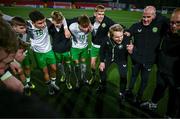 4 November 2024; Republic of Ireland head coach Colin O'Brien talks to his side after they qualified for the next round after the UEFA U17 European Championships Round 1 qualifier match between Scotland and Republic of Ireland at Inver Park in Larne, Antrim. Photo by Ben McShane/Sportsfile