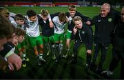 4 November 2024; Republic of Ireland head coach Colin O'Brien talks to his side after they qualified for the next round after the UEFA U17 European Championships Round 1 qualifier match between Scotland and Republic of Ireland at Inver Park in Larne, Antrim. Photo by Ben McShane/Sportsfile