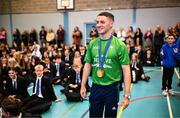 5 November 2024; Olympic Champion in Gymnastics, Rhys McClenaghan, visits Movilla High School in Newtownards, Down. As an ambassador with Dare to Believe, the Olympic Schools Programme, Rhys inspires the next generation of school children to believe in themselves and follow their dreams. Photo by Ramsey Cardy/Sportsfile