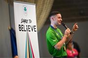 5 November 2024; Olympic Champion in Gymnastics, Rhys McClenaghan, visits Movilla High School in Newtownards, Down. As an ambassador with Dare to Believe, the Olympic Schools Programme, Rhys inspires the next generation of school children to believe in themselves and follow their dreams. Photo by Ramsey Cardy/Sportsfile