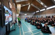 5 November 2024; Olympic Champion in Gymnastics, Rhys McClenaghan, visits Movilla High School in Newtownards, Down. As an ambassador with Dare to Believe, the Olympic Schools Programme, Rhys inspires the next generation of school children to believe in themselves and follow their dreams. Photo by Ramsey Cardy/Sportsfile