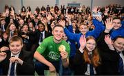 5 November 2024; Olympic Champion in Gymnastics, Rhys McClenaghan, visits Movilla High School in Newtownards, Down. As an ambassador with Dare to Believe, the Olympic Schools Programme, Rhys inspires the next generation of school children to believe in themselves and follow their dreams. Photo by Ramsey Cardy/Sportsfile
