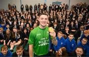 5 November 2024; Olympic Champion in Gymnastics, Rhys McClenaghan, visits Movilla High School in Newtownards, Down. As an ambassador with Dare to Believe, the Olympic Schools Programme, Rhys inspires the next generation of school children to believe in themselves and follow their dreams. Photo by Ramsey Cardy/Sportsfile