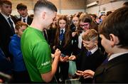 5 November 2024; Olympic Champion in Gymnastics, Rhys McClenaghan, visits Movilla High School in Newtownards, Down. As an ambassador with Dare to Believe, the Olympic Schools Programme, Rhys inspires the next generation of school children to believe in themselves and follow their dreams. Photo by Ramsey Cardy/Sportsfile
