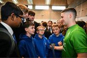 5 November 2024; Olympic Champion in Gymnastics, Rhys McClenaghan, visits Movilla High School in Newtownards, Down. As an ambassador with Dare to Believe, the Olympic Schools Programme, Rhys inspires the next generation of school children to believe in themselves and follow their dreams. Photo by Ramsey Cardy/Sportsfile