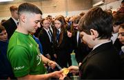 5 November 2024; Olympic Champion in Gymnastics, Rhys McClenaghan, visits Movilla High School in Newtownards, Down. As an ambassador with Dare to Believe, the Olympic Schools Programme, Rhys inspires the next generation of school children to believe in themselves and follow their dreams. Photo by Ramsey Cardy/Sportsfile