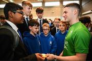 5 November 2024; Olympic Champion in Gymnastics, Rhys McClenaghan, visits Movilla High School in Newtownards, Down. As an ambassador with Dare to Believe, the Olympic Schools Programme, Rhys inspires the next generation of school children to believe in themselves and follow their dreams. Photo by Ramsey Cardy/Sportsfile